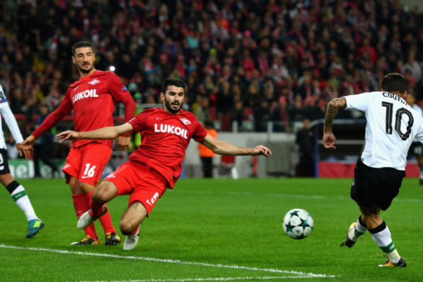 MOSCOW, RUSSIA - SEPTEMBER 26: Philippe Coutinho of Liverpool scores his sides first goal during the UEFA Champions League group E match between Spartak Moskva and Liverpool FC at Otkrytije Arena on September 26, 2017 in Moscow, Russia. (Photo by Dan Mullan/Getty Images)