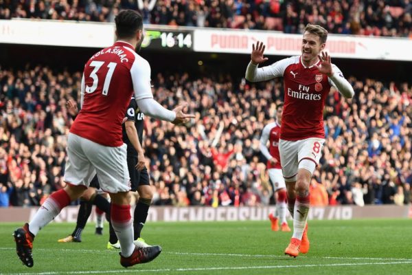 LONDON, ENGLAND - OCTOBER 28:  Aaron Ramsey of Arsenal celebrates scoring his sides second goal with Sead Kolasinac of Arsenal during the Premier League match between Arsenal and Swansea City at Emirates Stadium on October 28, 2017 in London, England.  (Photo by Dan Mullan/Getty Images)